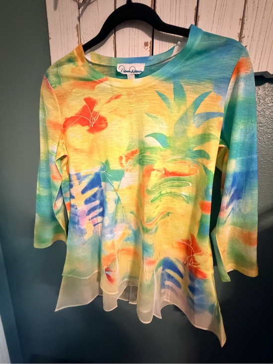 Dawn Davis Art and sol Tops - Laura Ashley Multicolor Tropical Print Tunic - Yellow, Blue, Green, Orange NWOT